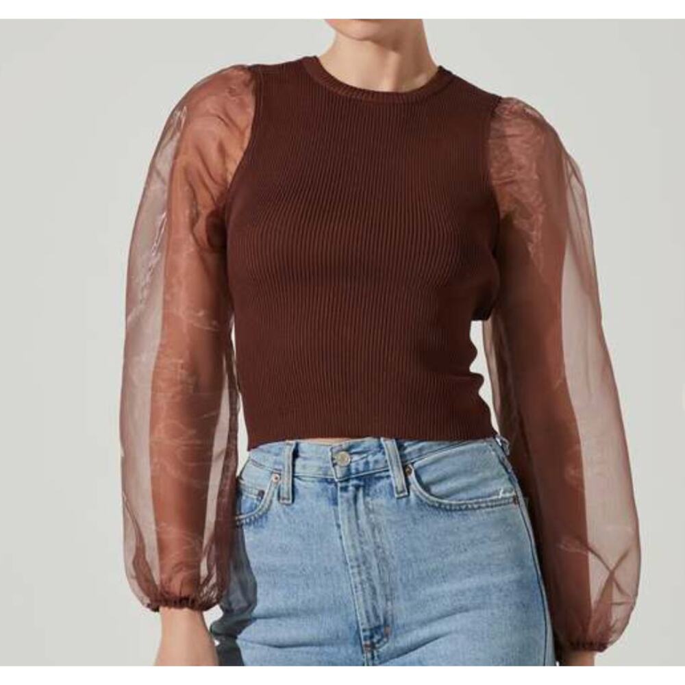 ASTR The Label womens Audrina Chiffon sleeve open back brown sweater size XS - Picture 2 of 7
